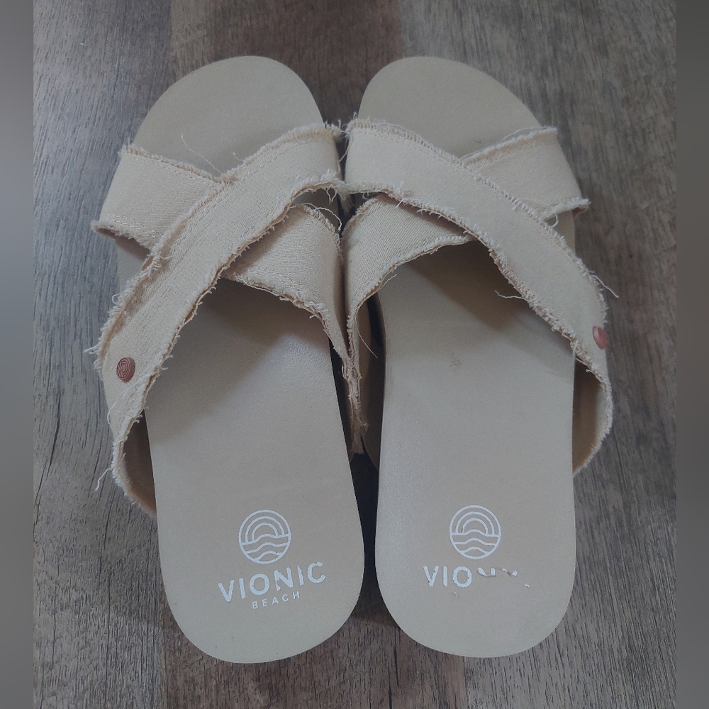 Vionic Panama Sandals Womens Sz 8 Cream Cross Strap Comfort Wedge Slide Beach - Picture 5 of 12
